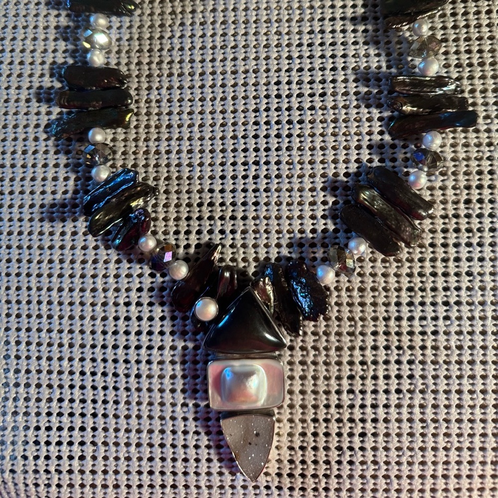 Black and Silver Necklace with Iridescent Pendant